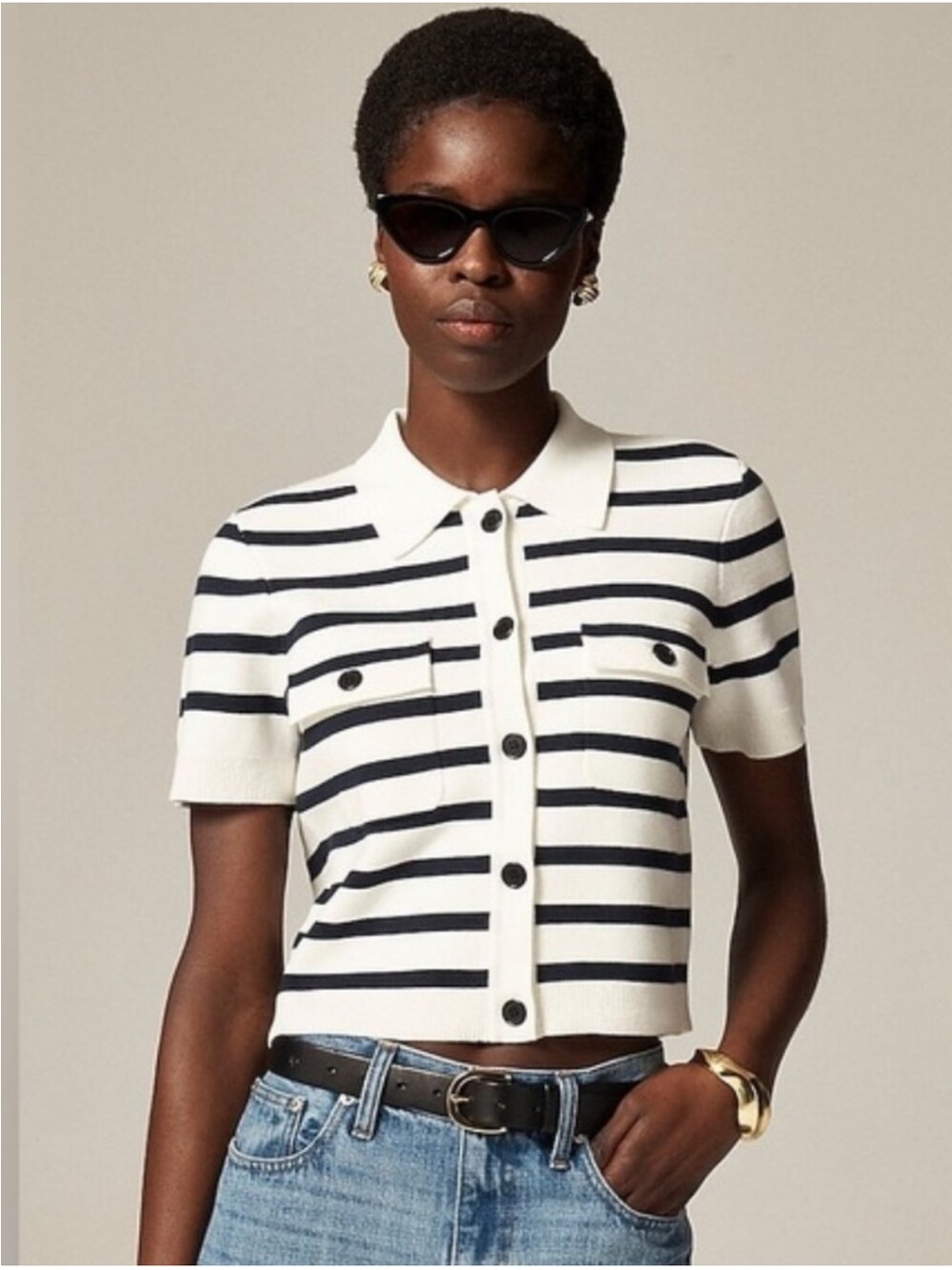 J.CREW COLLARED SHORT SLEEVE SWEATER IN STRIPE, SIZE XS.